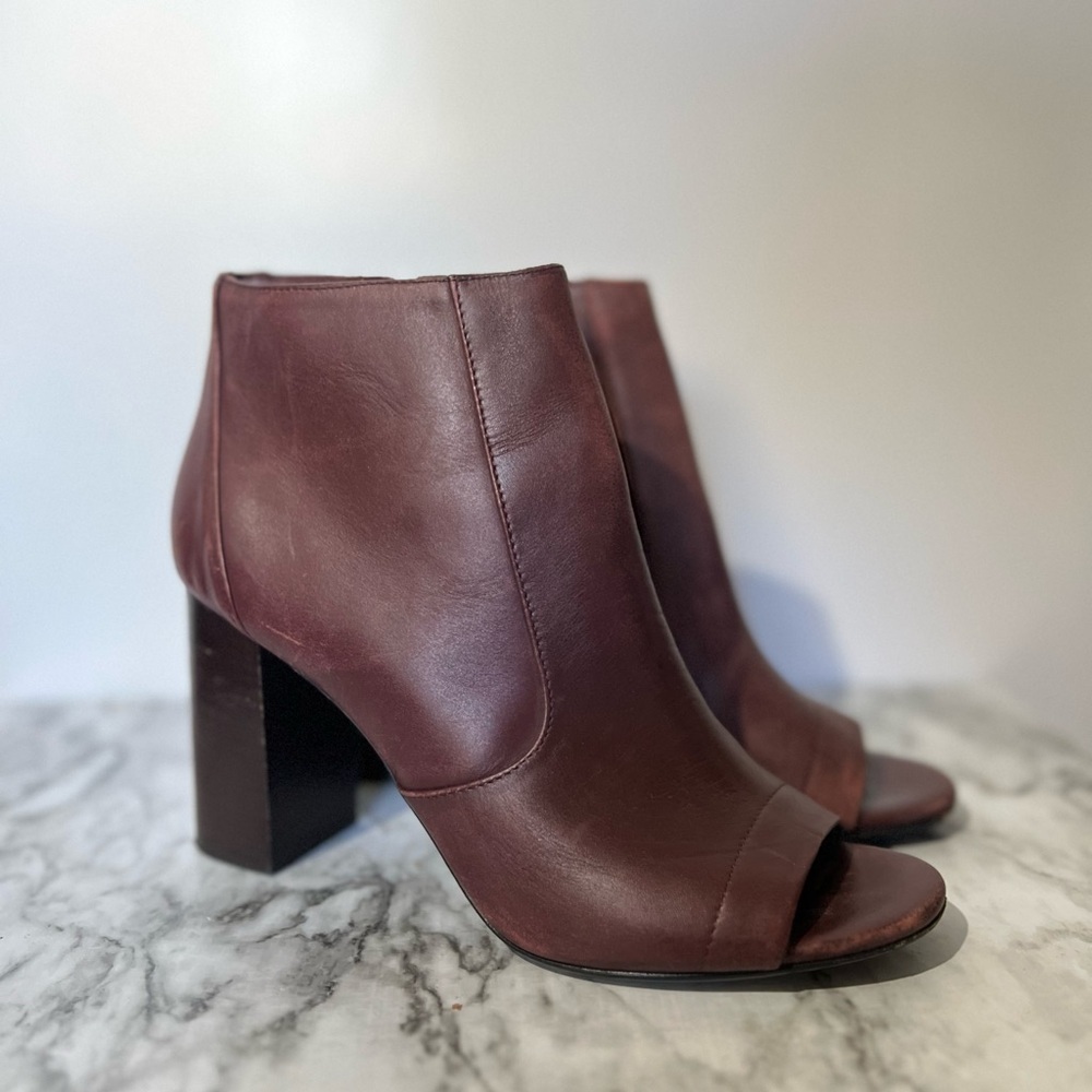 Vince Burgundy Leather Peep-Toe Block Heel Ankle Booties